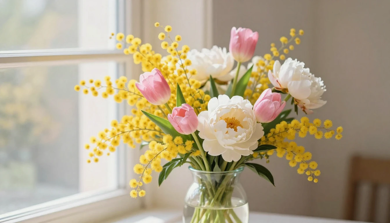 A beautiful and vibrant bouquet of spring flowers, including...