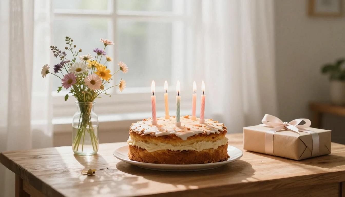 A warm and cozy scene featuring a rustic homemade birthday c...