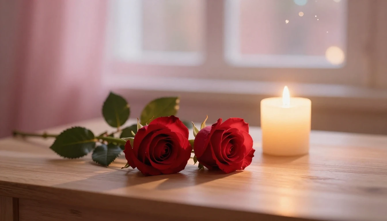 A soft and ethereal scene featuring two delicate red roses r...