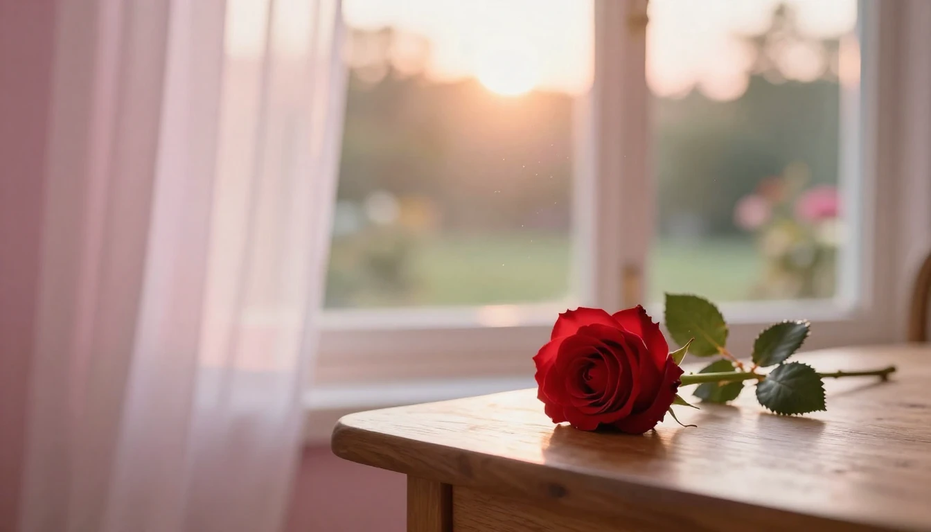 A beautiful and delicate scene featuring a single red rose r...