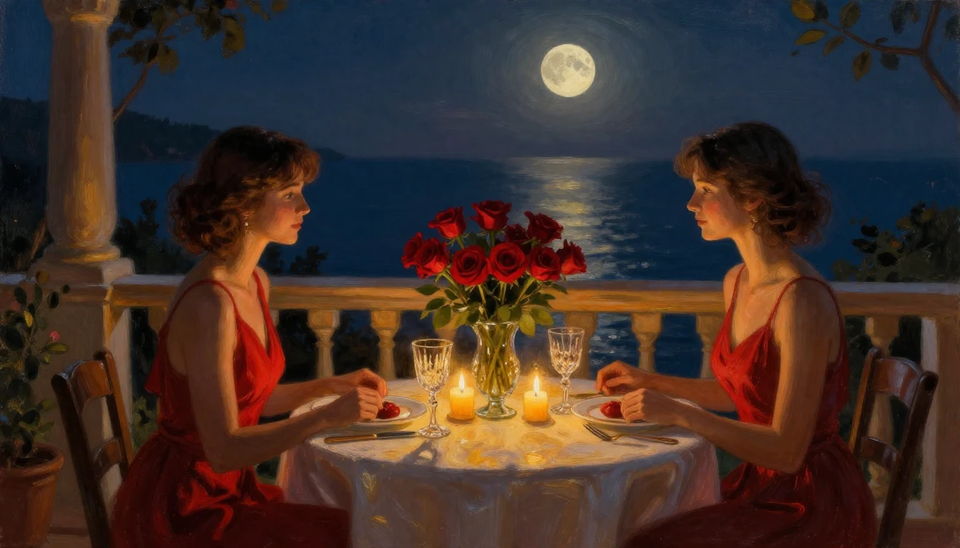 A lush oil painting of a cozy, candlelit dinner table set fo...