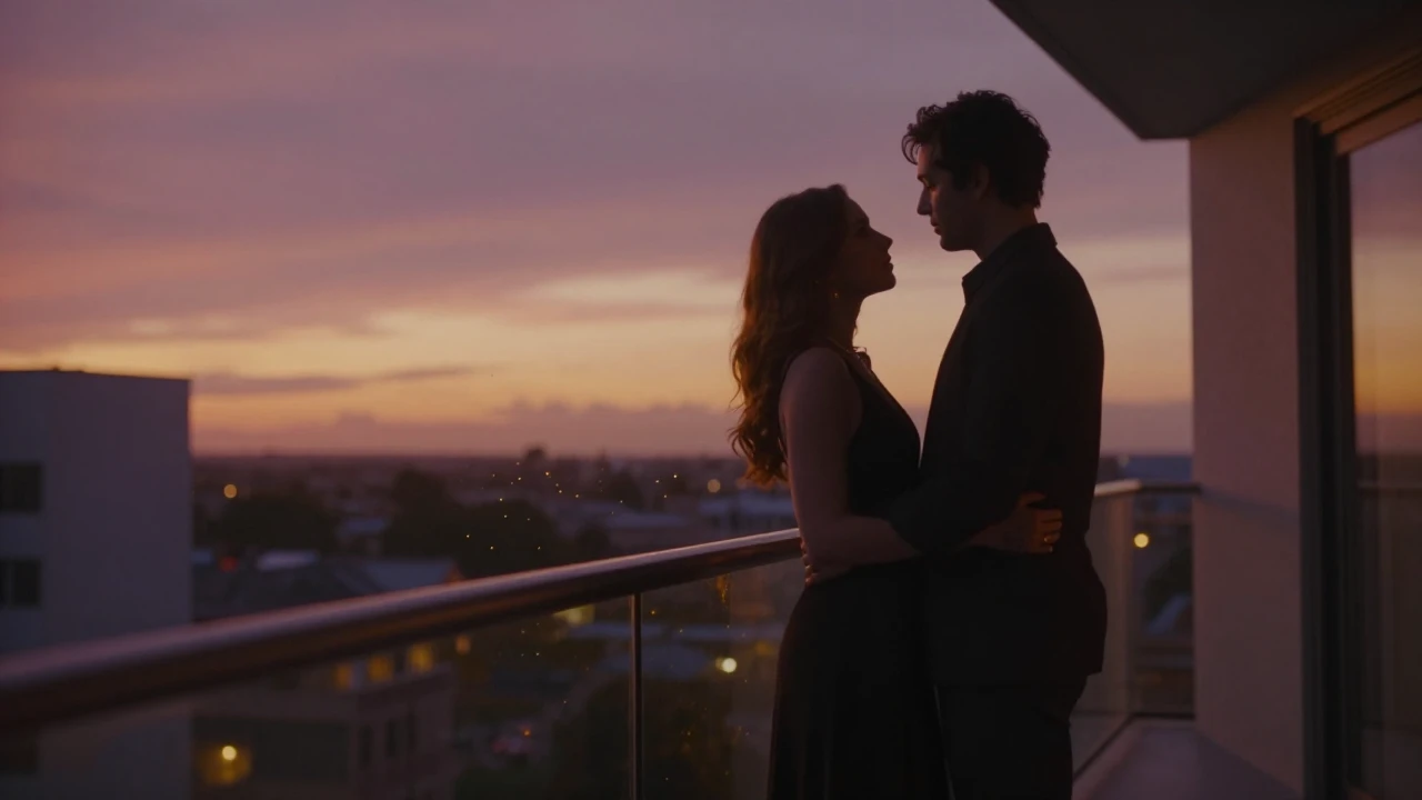 A warm and intimate romantic scene at golden hour. Two elega...