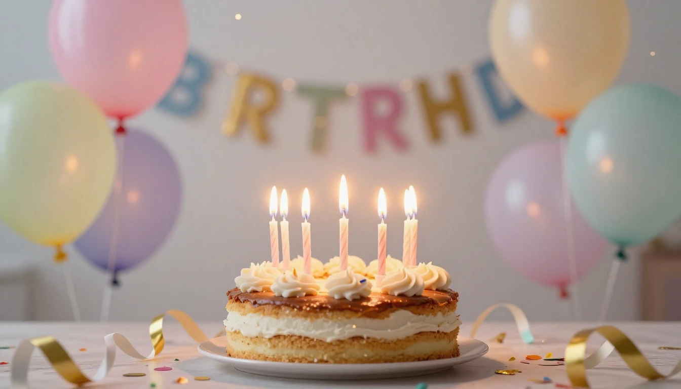 A vibrant and festive birthday scene featuring a delicious c...