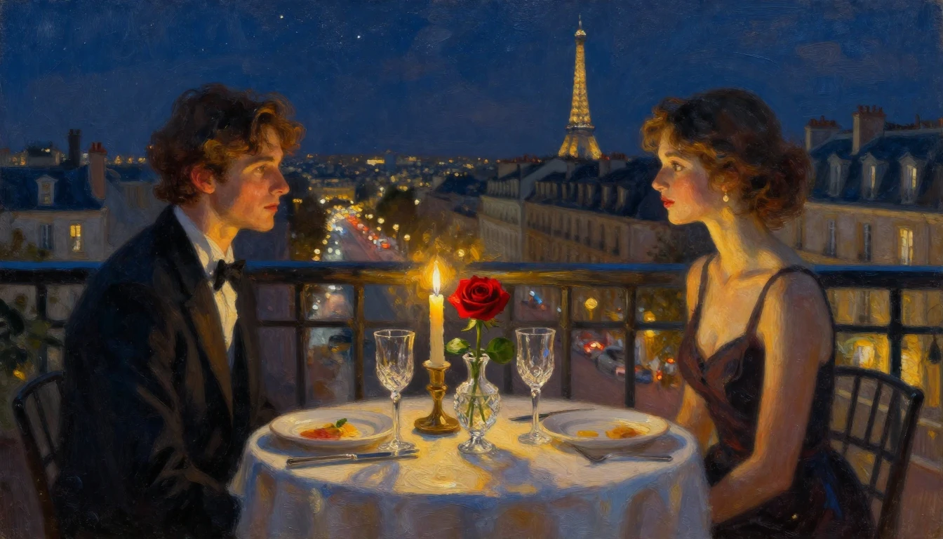 An exquisite oil painting of a candlelit dinner table set fo...