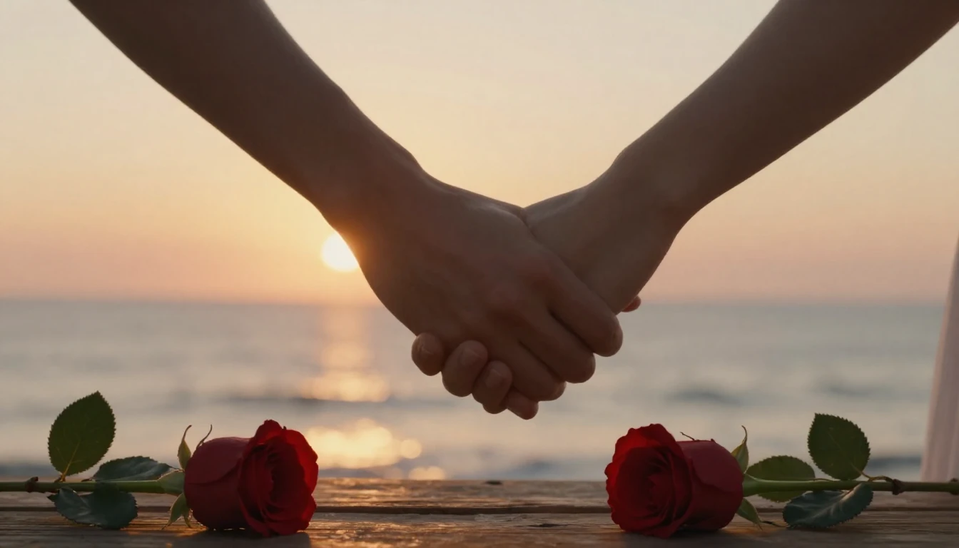 A cinematic, romantic scene featuring a close-up of two hand...