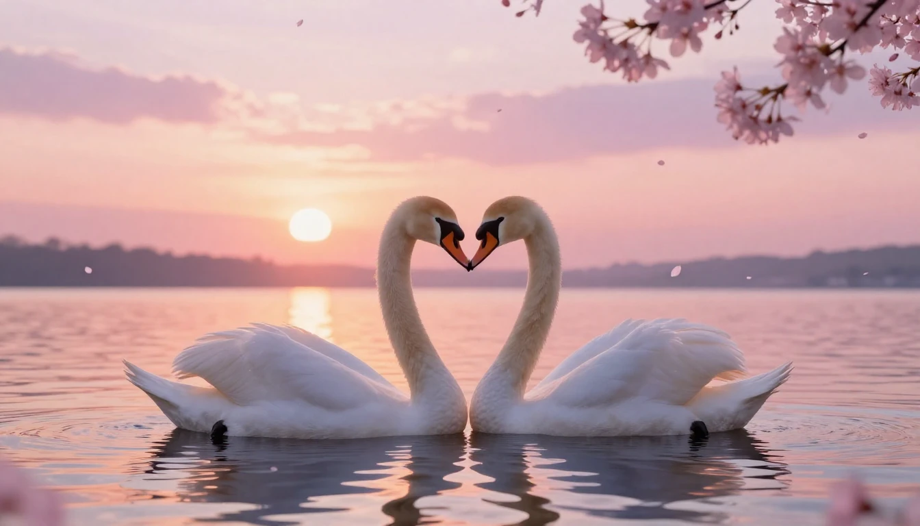 A dreamy and ethereal scene featuring two delicate swans for...