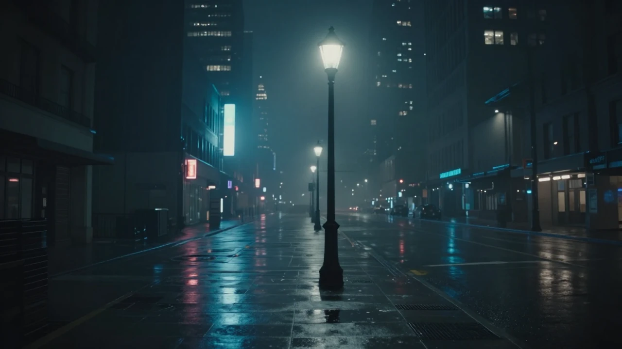 A moody, atmospheric scene of a rainy city street at midnigh...