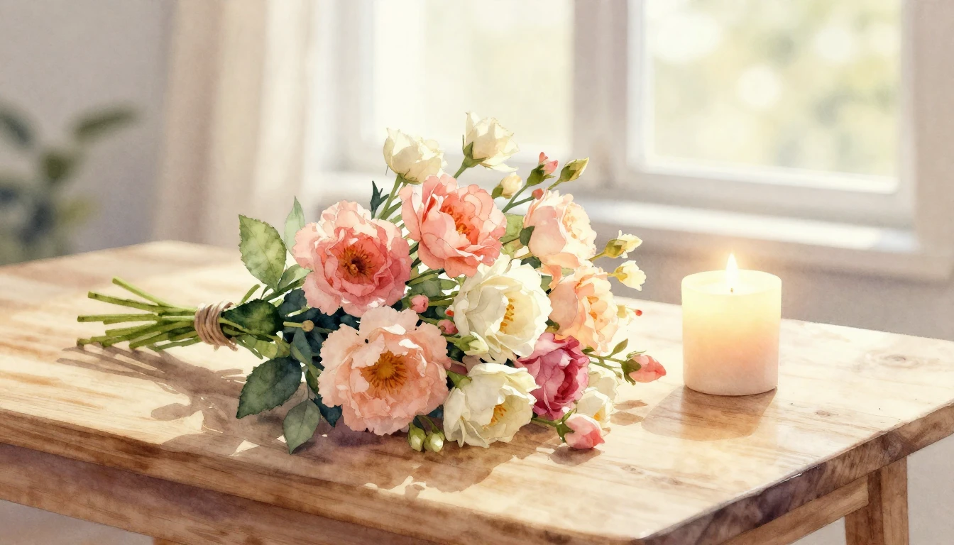 A beautiful, warm watercolor painting of a bouquet of bloomi...