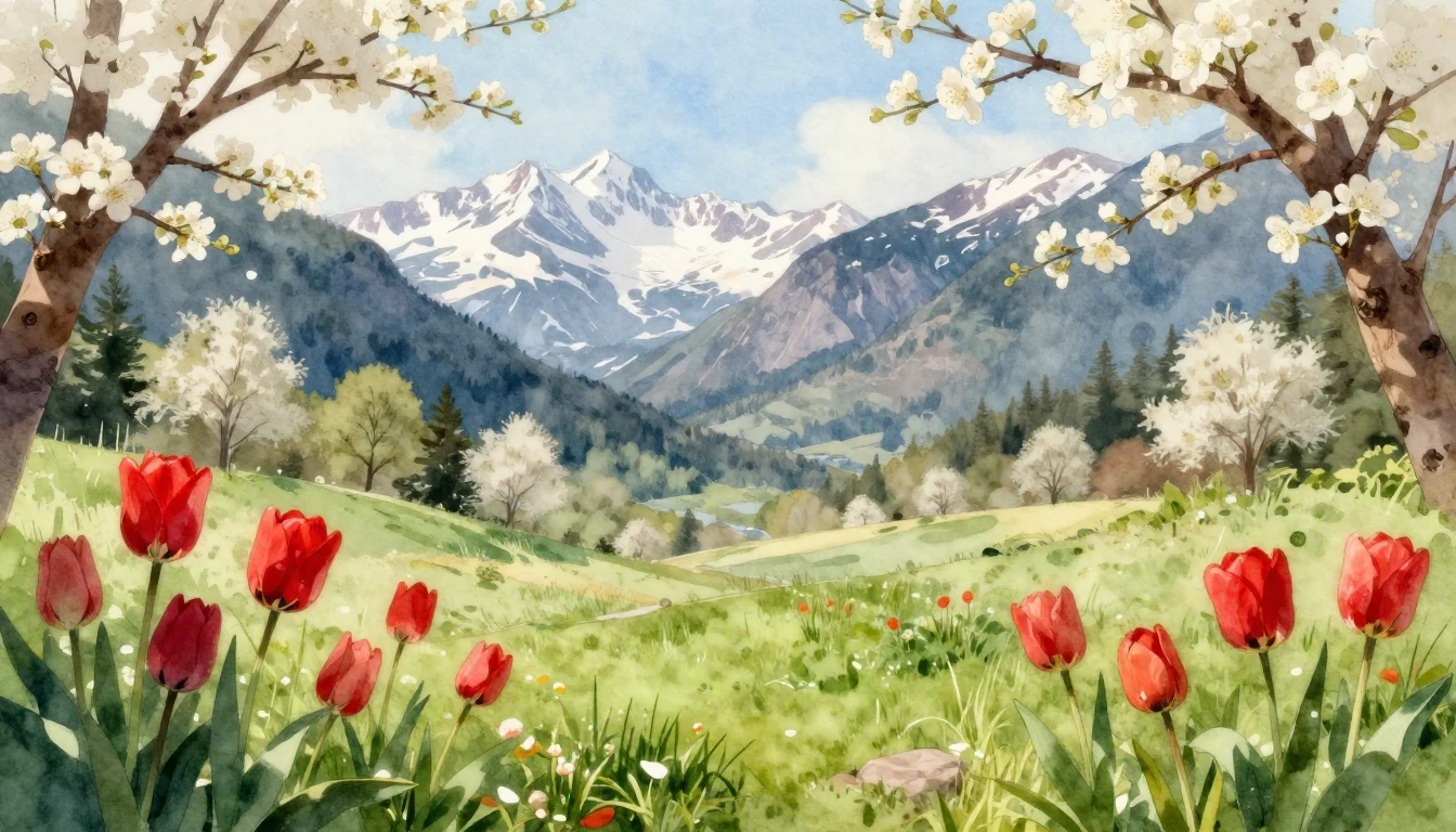 A stunning watercolor illustration of a lush valley during t...