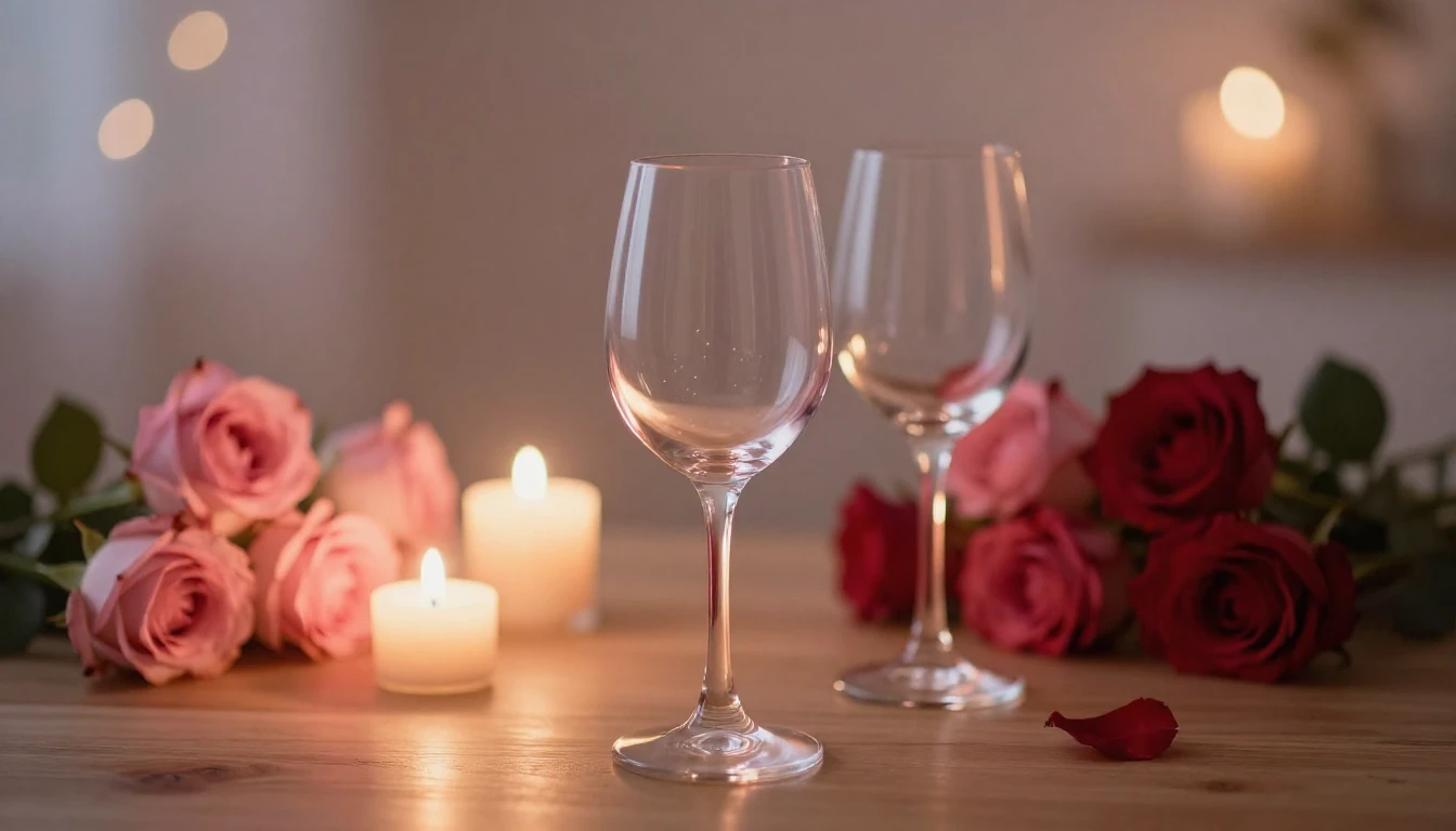 A dreamy and romantic scene featuring two elegant wine glass...