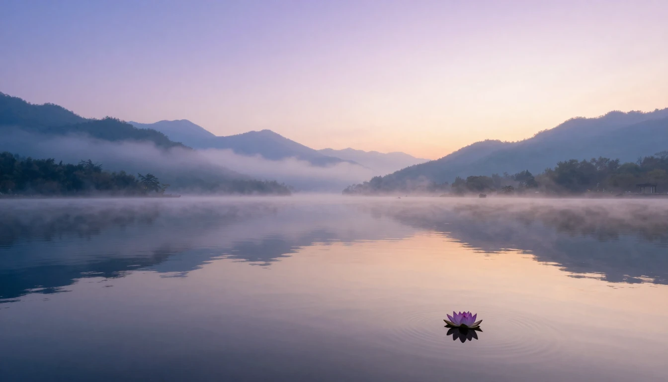 A breathtaking landscape depicting a calm mountain lake at d...