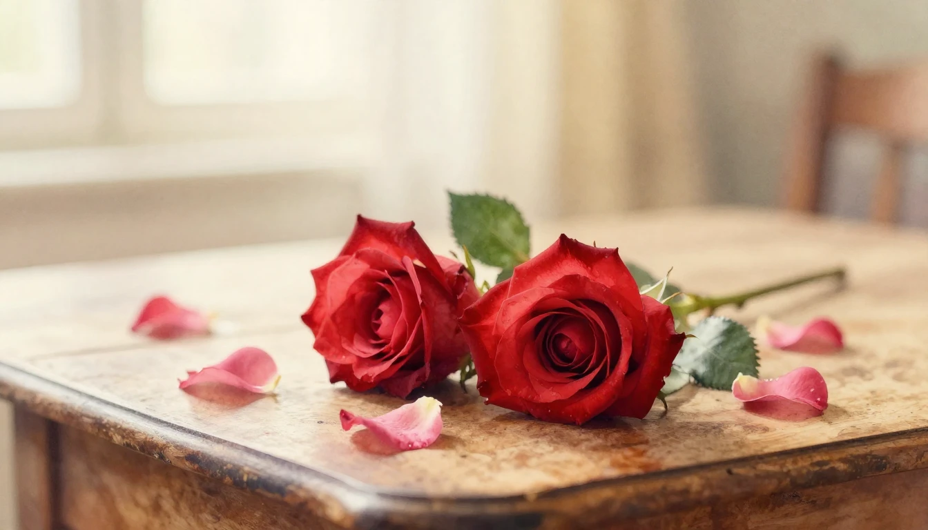 A delicate watercolor painting of two intertwined red roses ...
