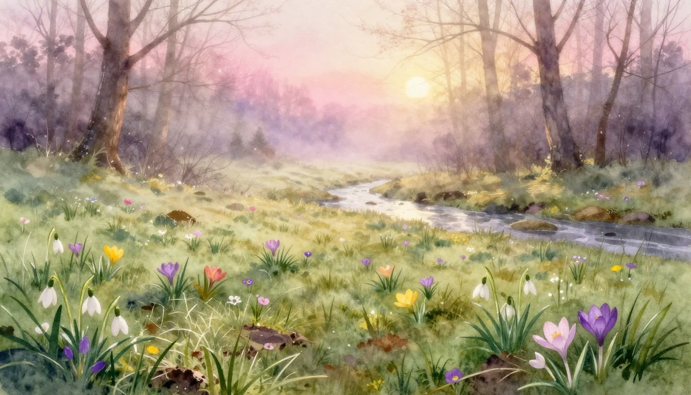 A delicate watercolor painting of a lush meadow at dawn. Tin...