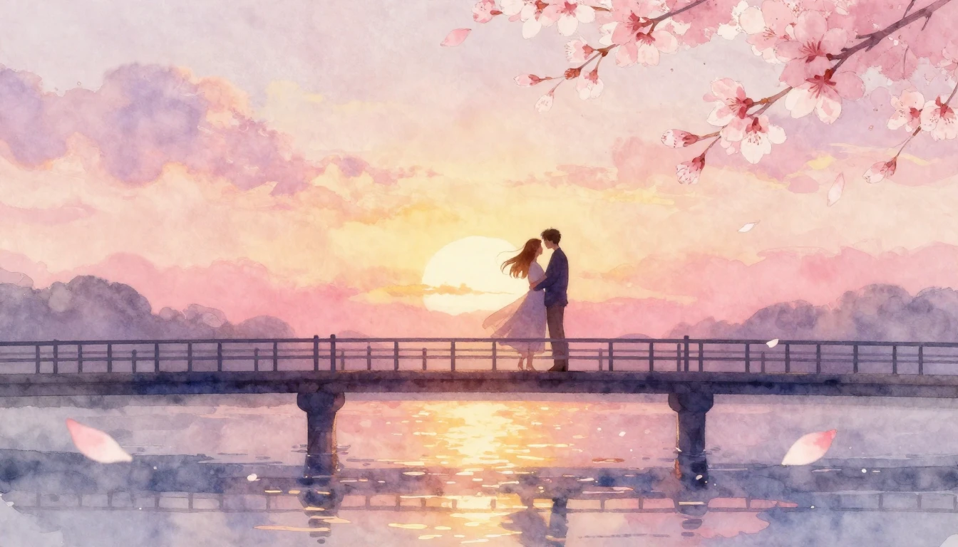 A delicate watercolor painting of two intertwined silhouette...