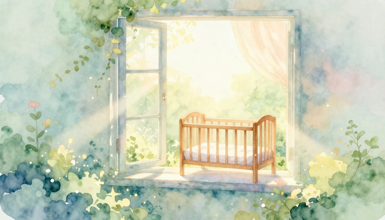 A soft and dreamy watercolor illustration of a nursery windo...