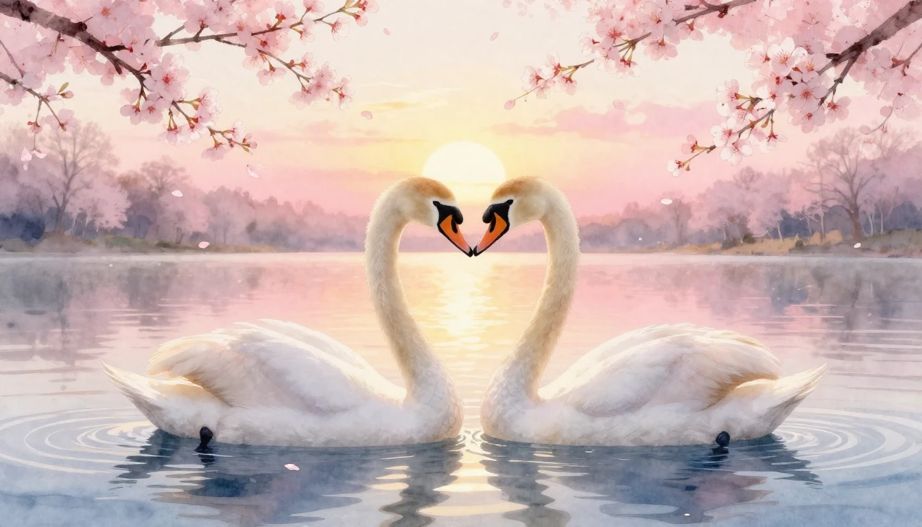A delicate watercolor painting of two elegant swans forming ...