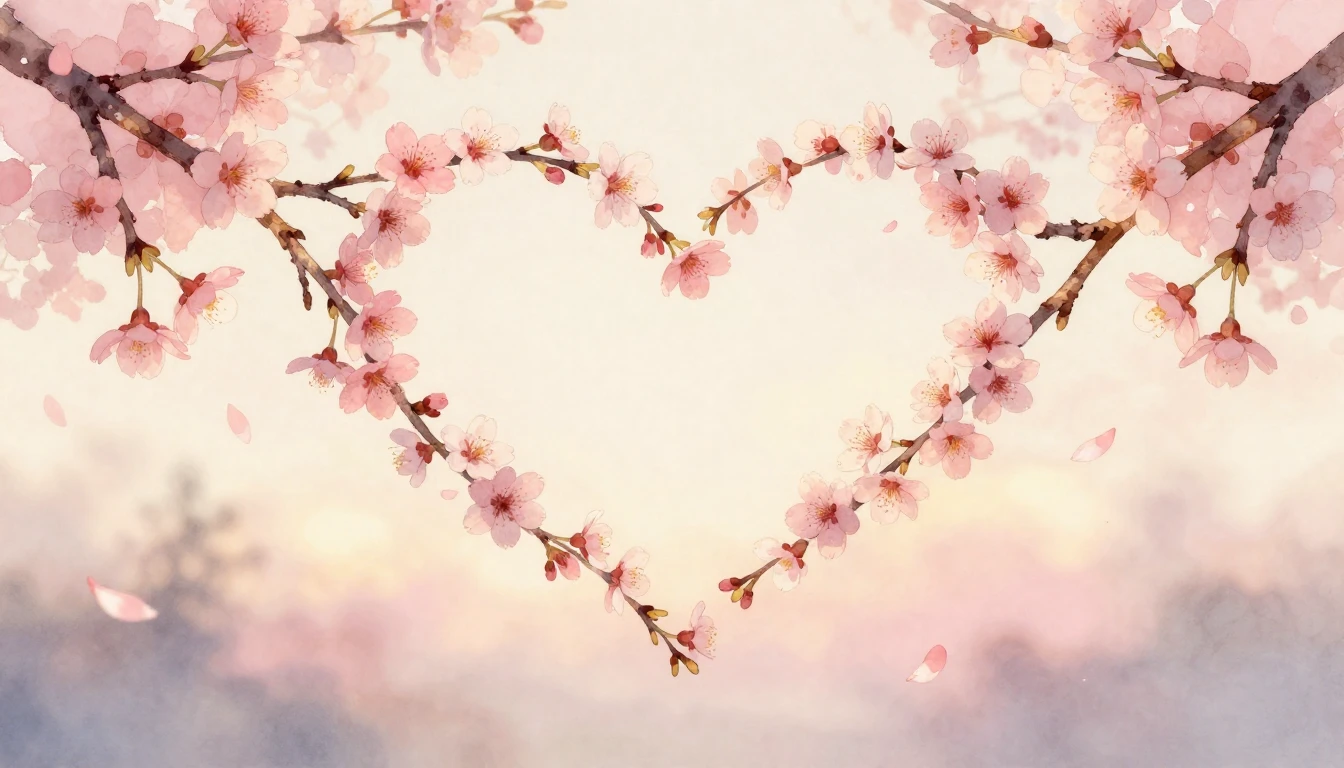 A delicate watercolor painting of two intertwined cherry blo...