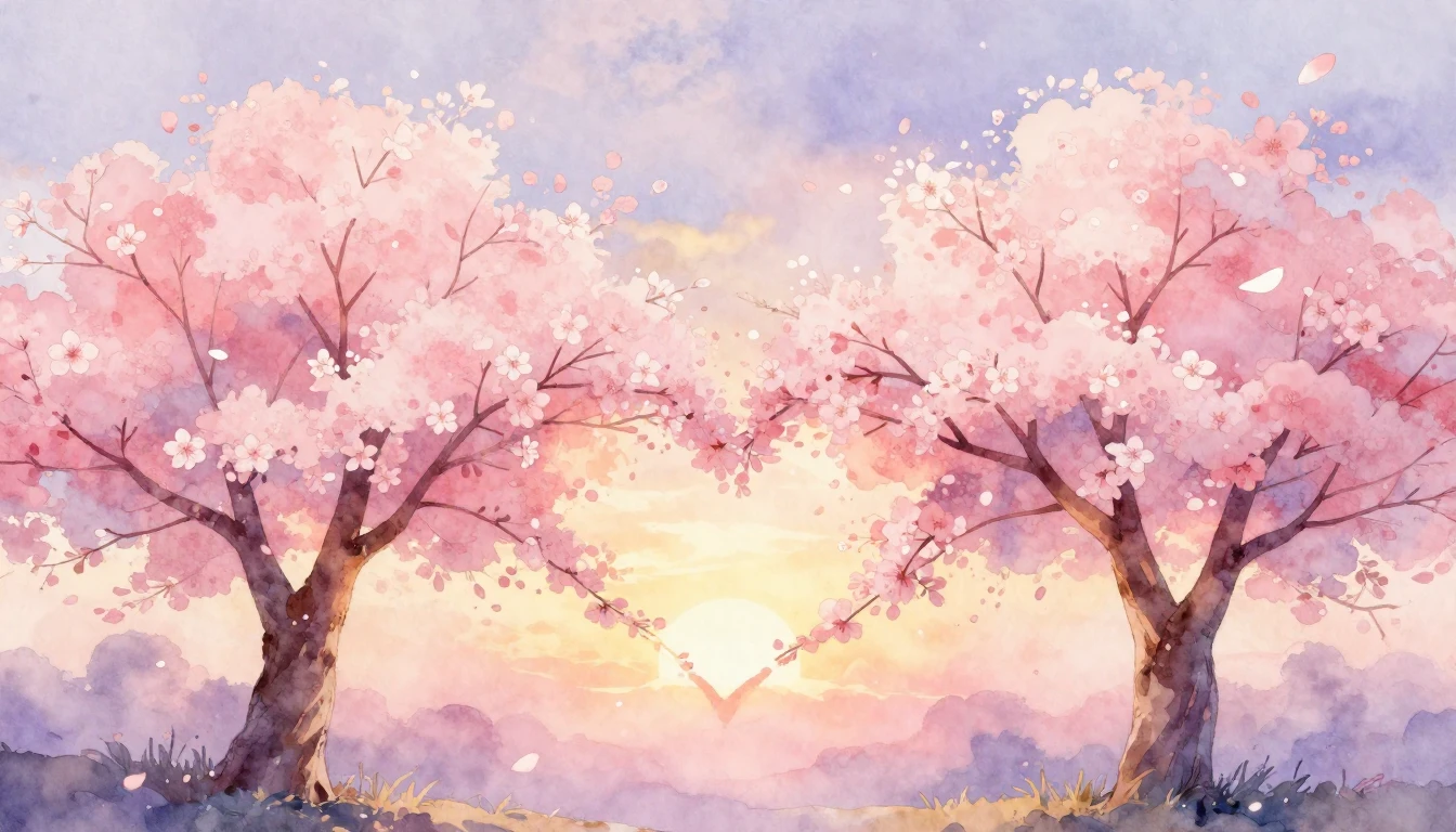 A soft watercolor painting of two intertwined cherry blossom...