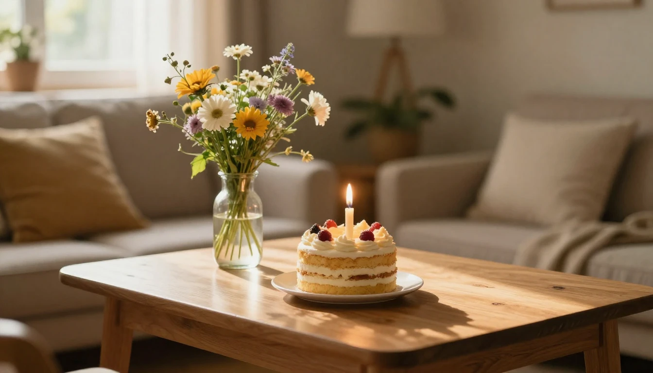 A cozy indoor scene featuring a wooden table with a small, b...