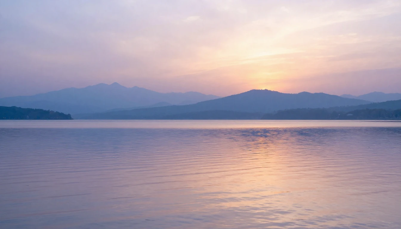 A serene landscape featuring a calm lake reflecting a soft, ...