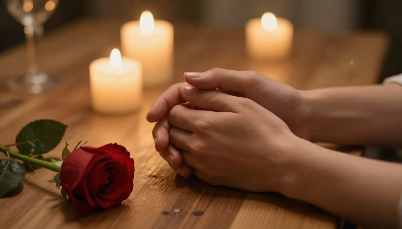 A cinematic close-up shot of two hands gently holding each o...