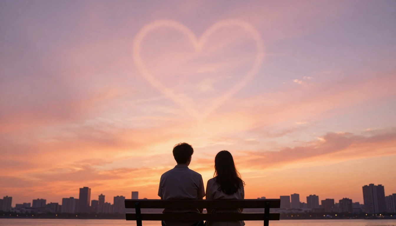 A romantic artistic composition showing a couple sitting on ...