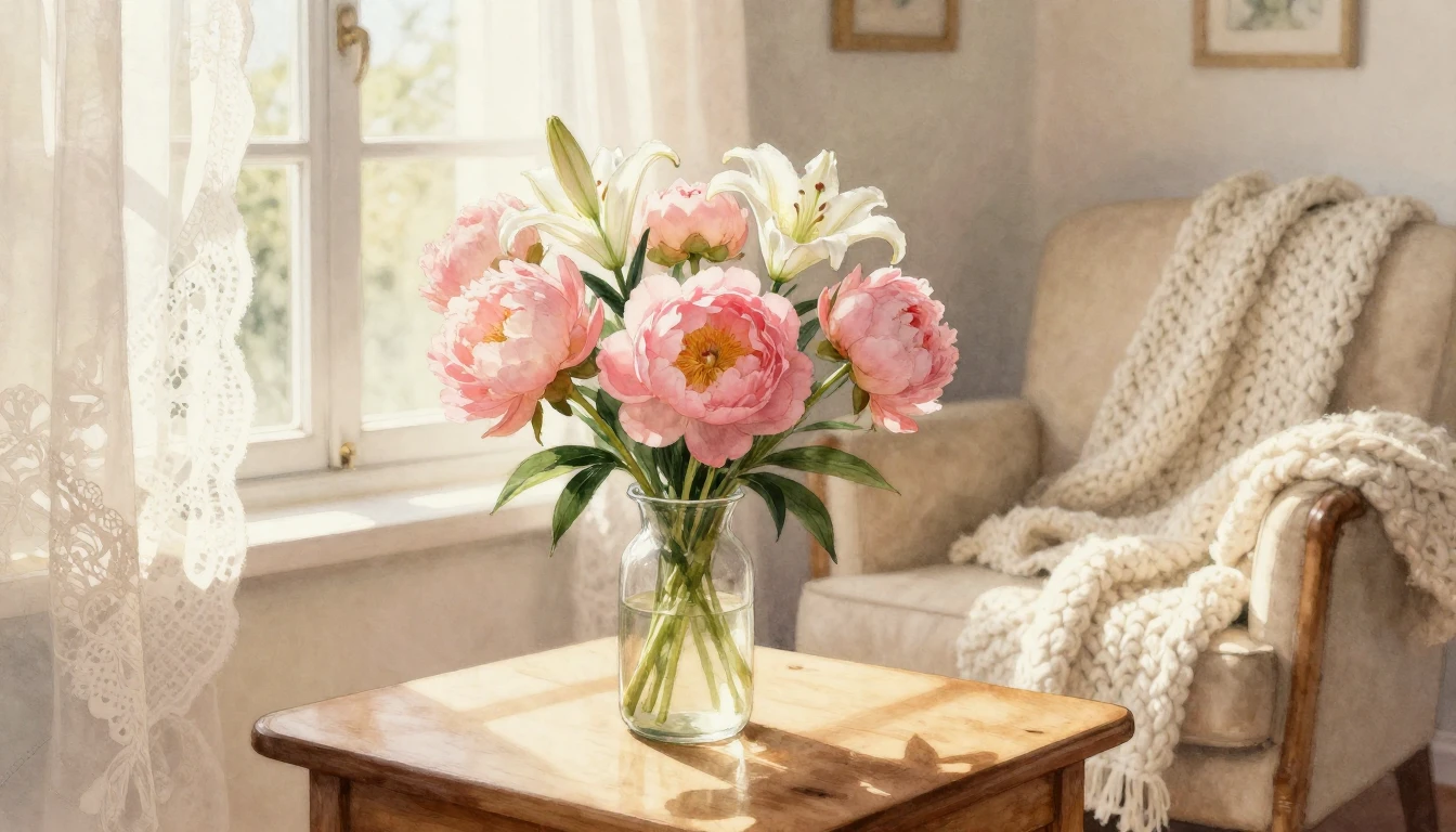 A delicate watercolor painting of a cozy sunlit living room....