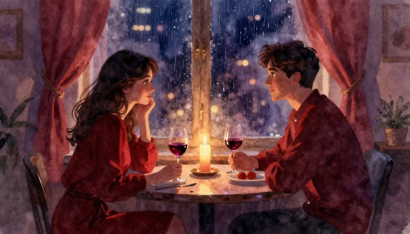 A romantic watercolor painting of a cozy evening scene insid...