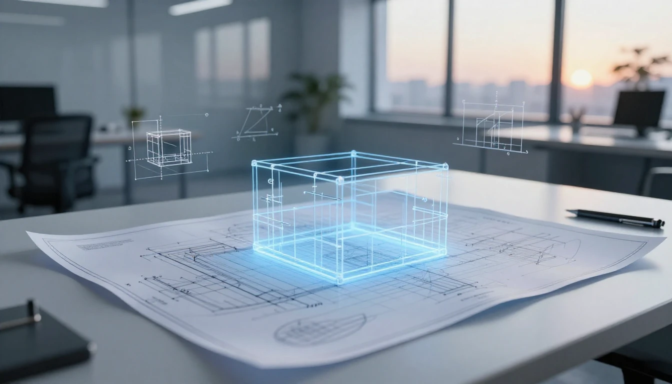 A high-angle view of a clean, modern workspace. A translucen...