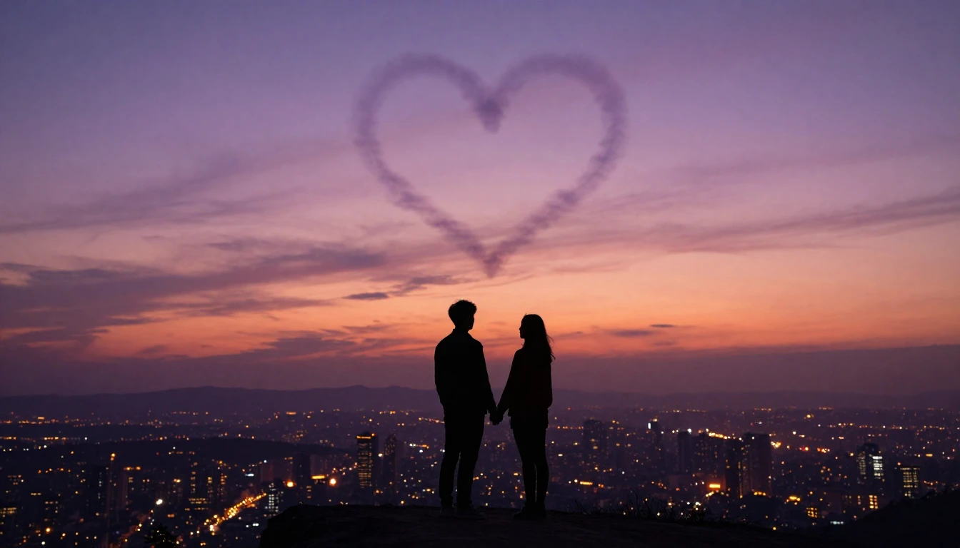 A romantic and cinematic composition featuring two silhouett...