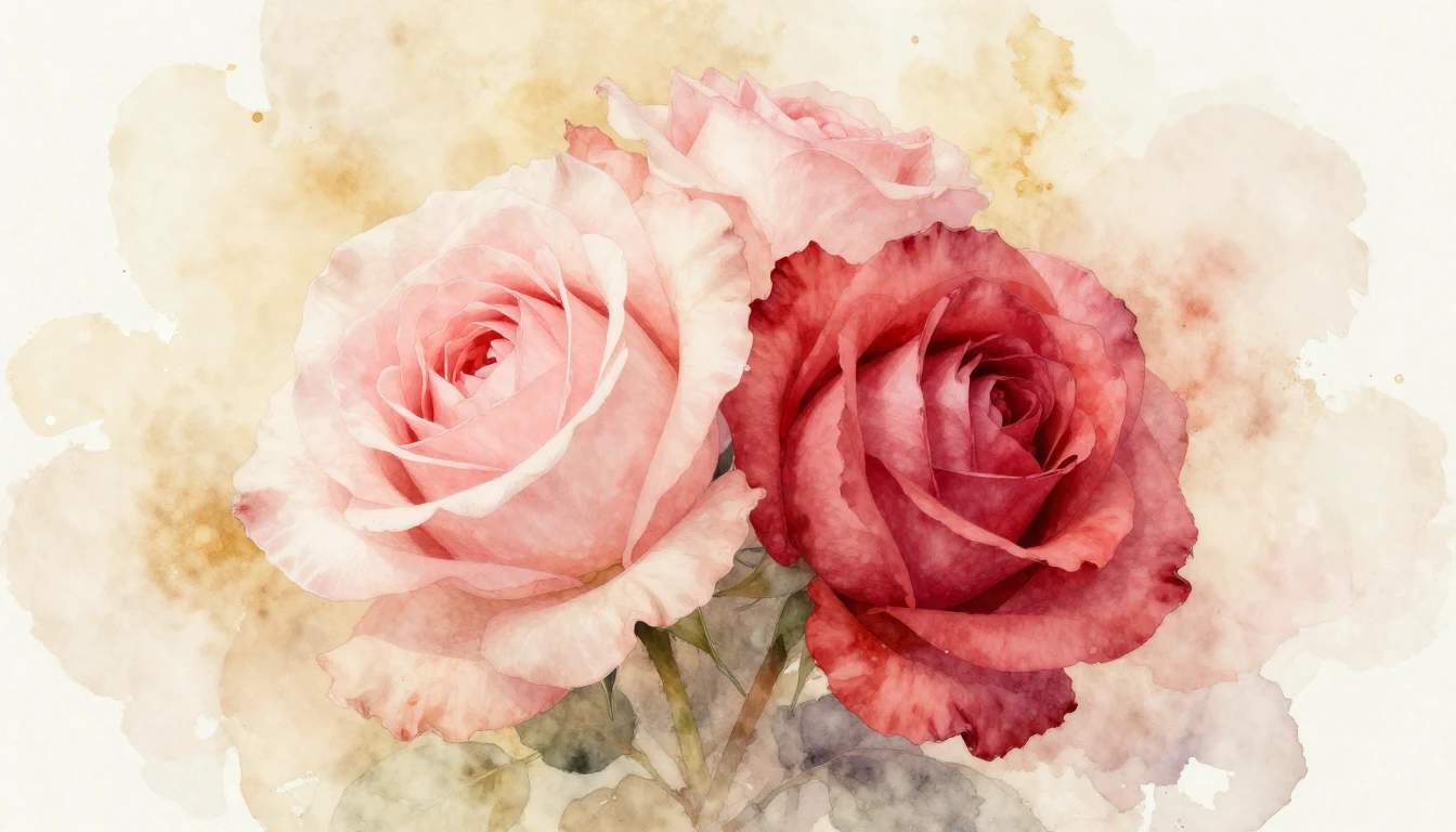 A delicate watercolor painting of two intertwined roses in s...