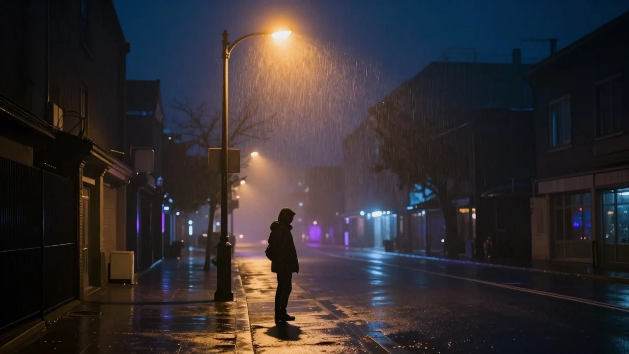 A solitary figure standing under a single glowing streetlamp...