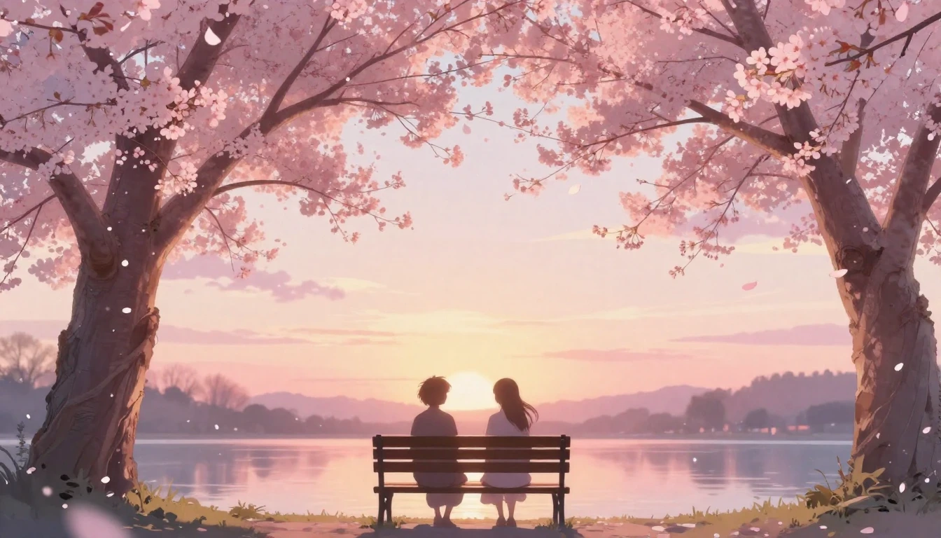 A soft and dreamy scene featuring two delicate silhouettes s...