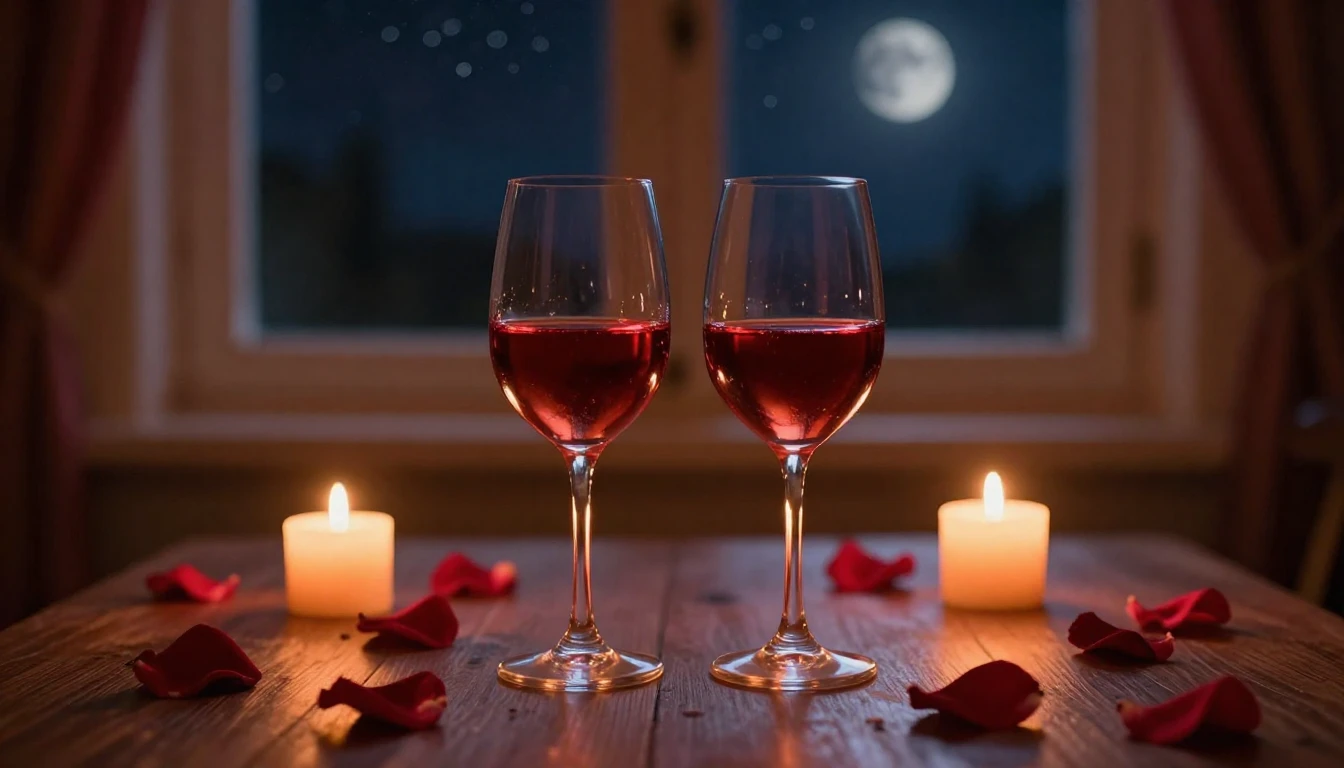 A breathtaking scene of two elegant glasses of wine sitting ...