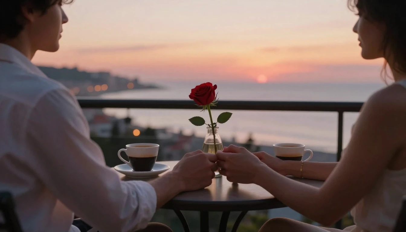 A romantic scene of a couple holding hands across a small ro...