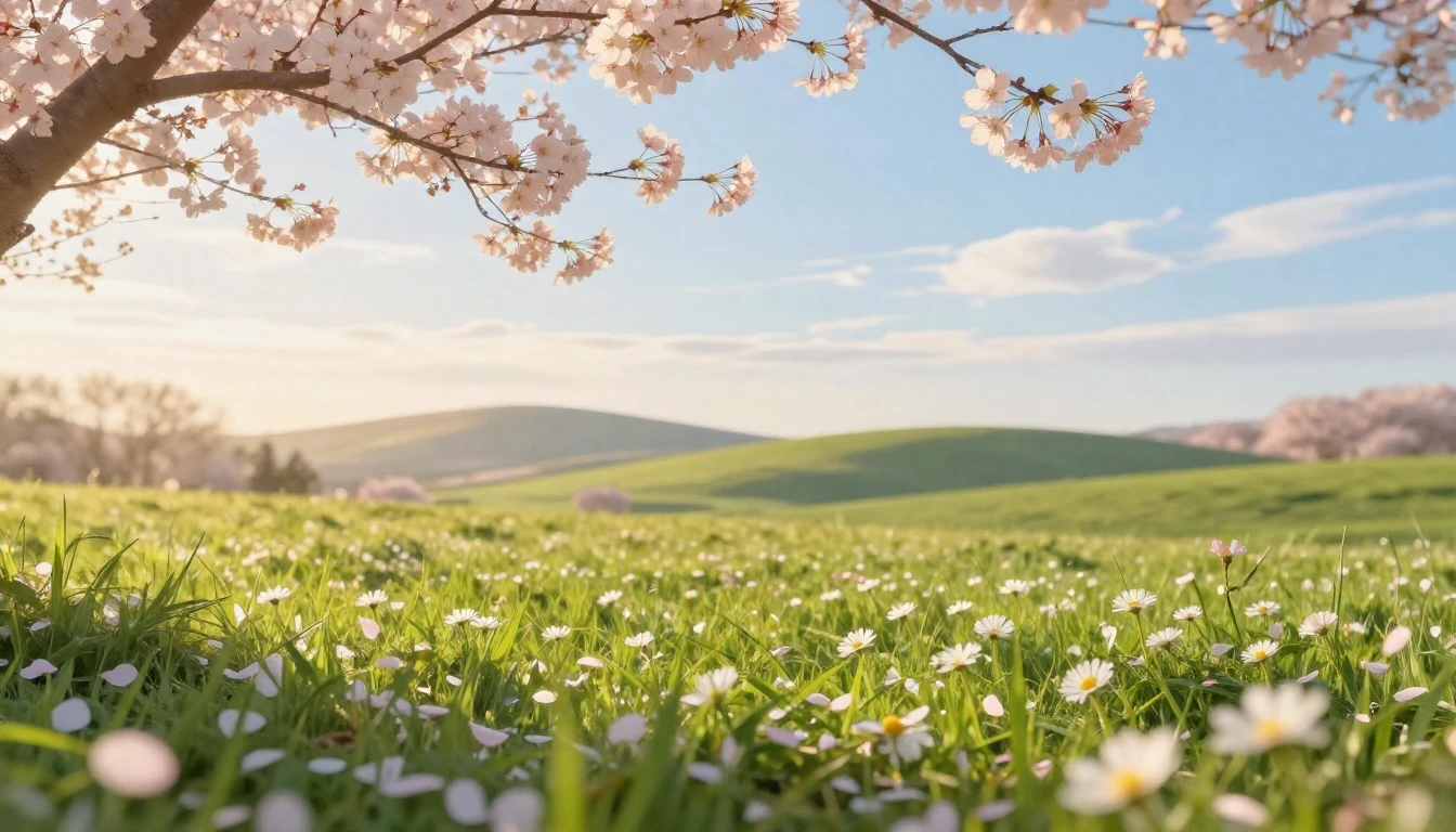 A serene spring landscape in a blooming meadow under a soft,...