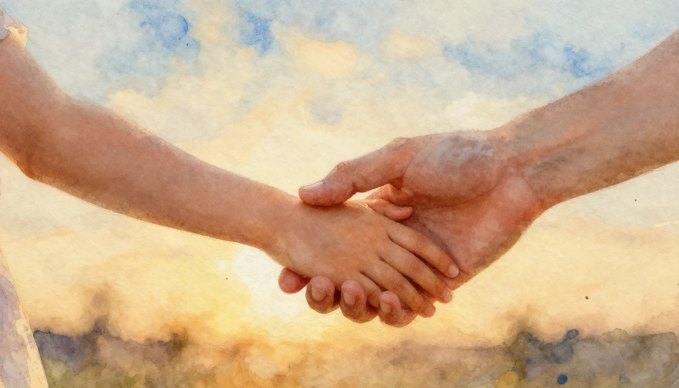 A soft watercolor painting depicting a large hand gently hol...