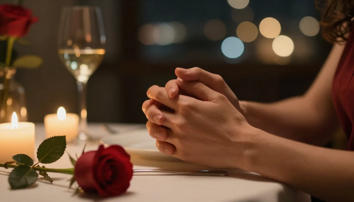 A cinematic, romantic close-up shot of a couple's hands gent...