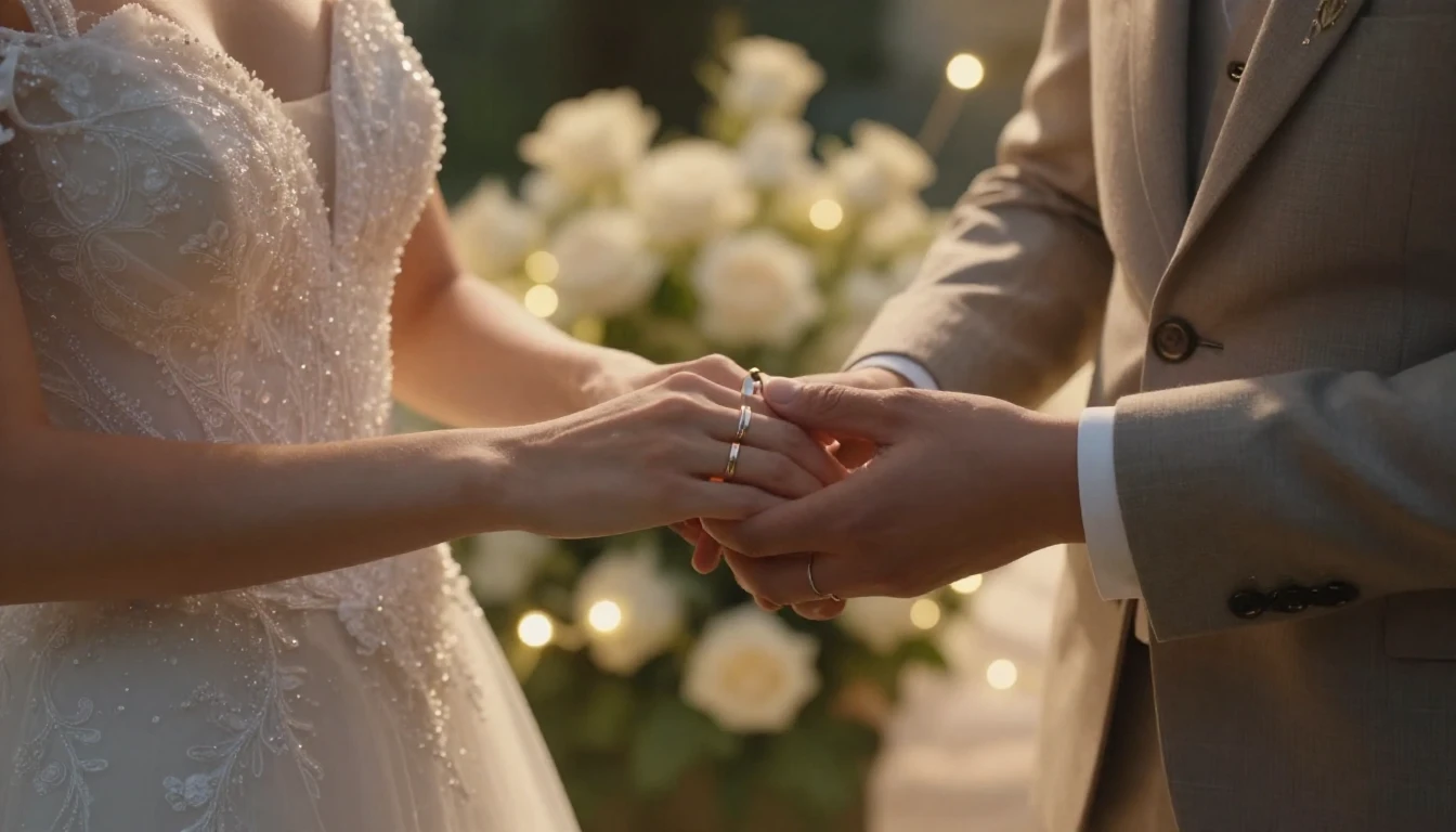 A cinematic close-up shot of a bride and groom holding hands...