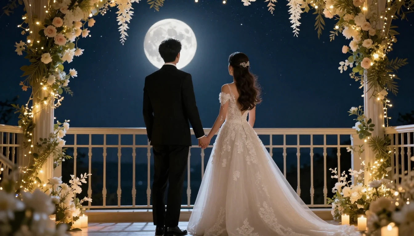 A cinematic shot of a bride and groom holding hands, standin...