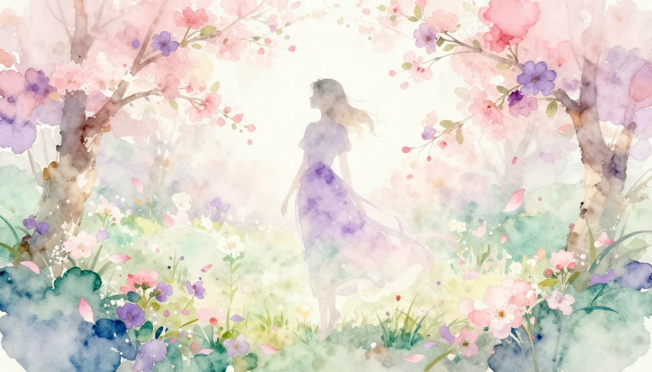 A delicate watercolor painting of a blooming spring garden. ...