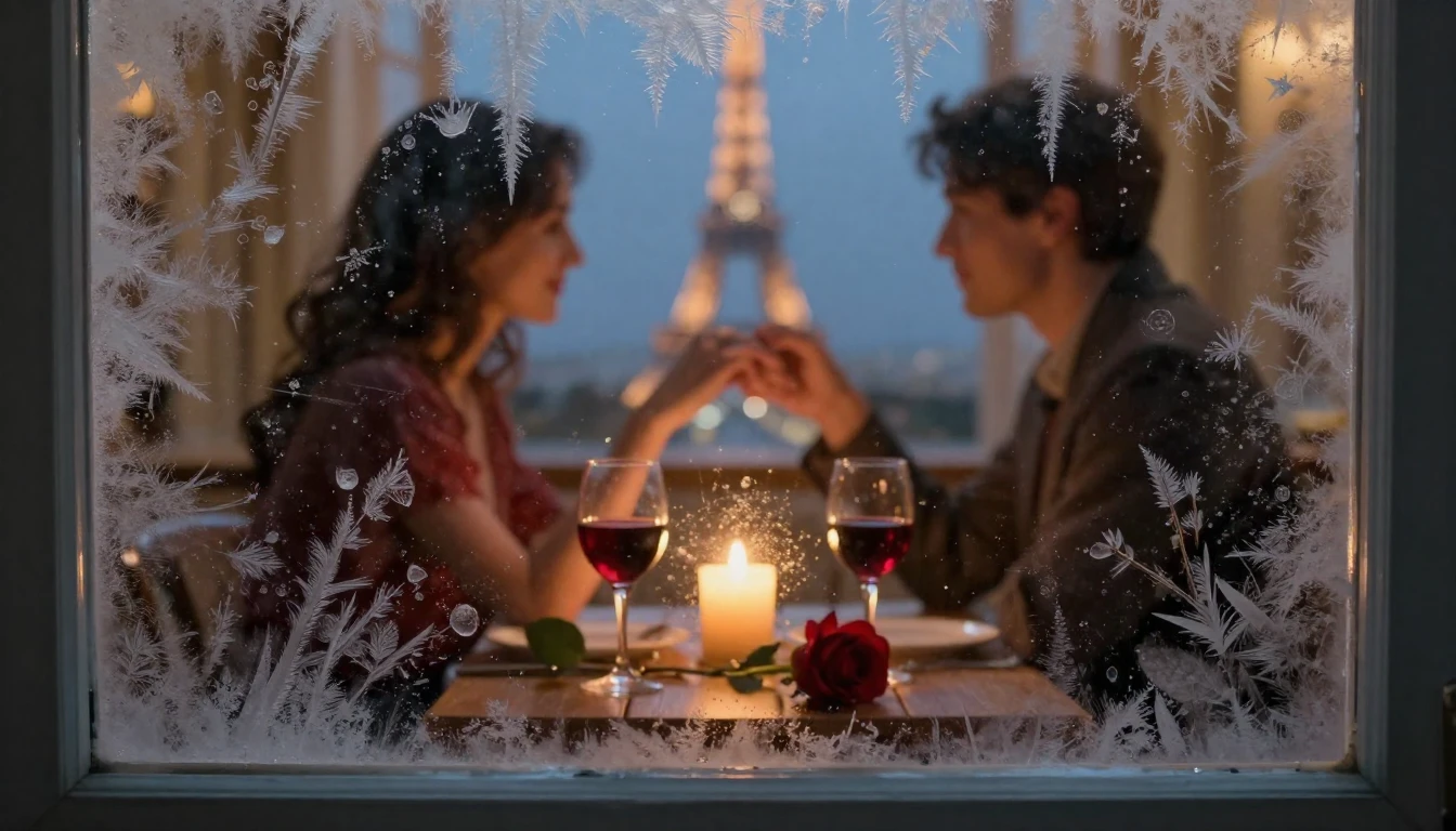 A romantic and cozy interior scene viewed through a window p...