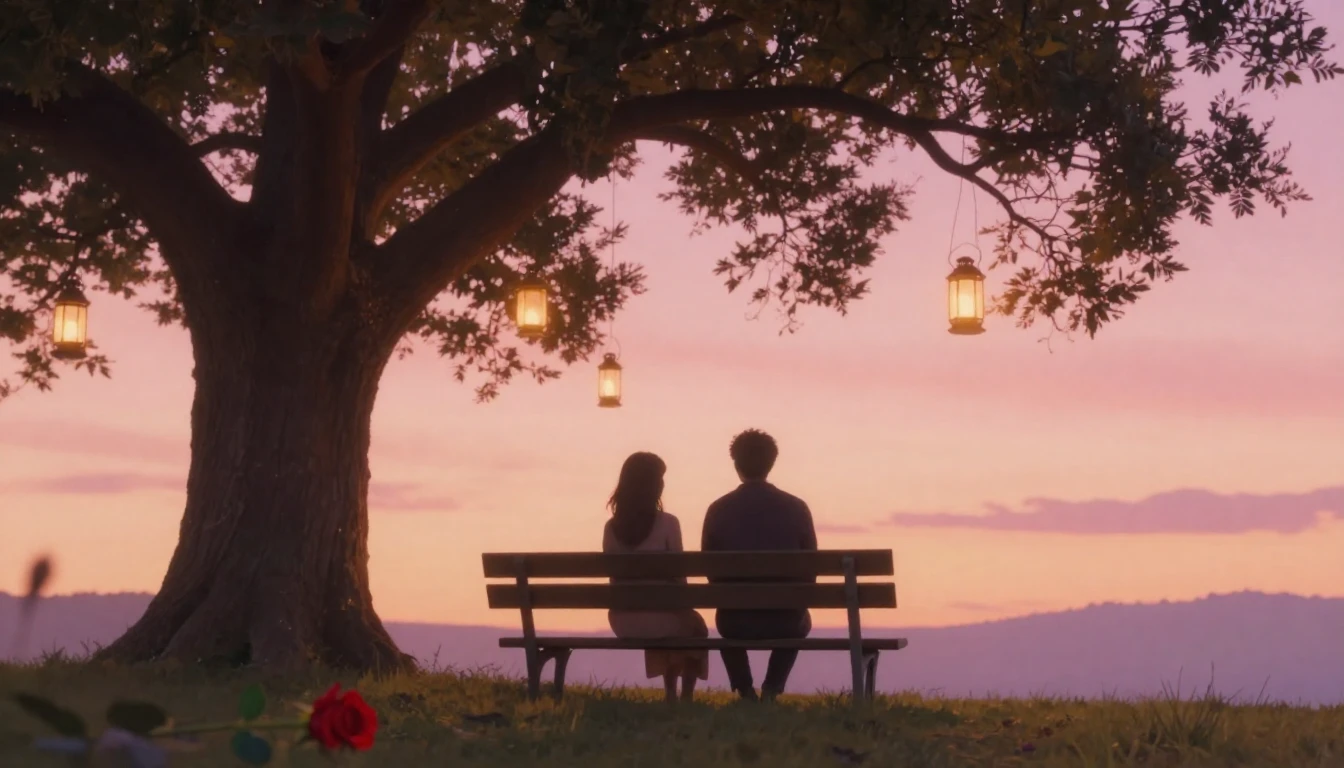 A romantic and soft composition showing two silhouettes sitt...