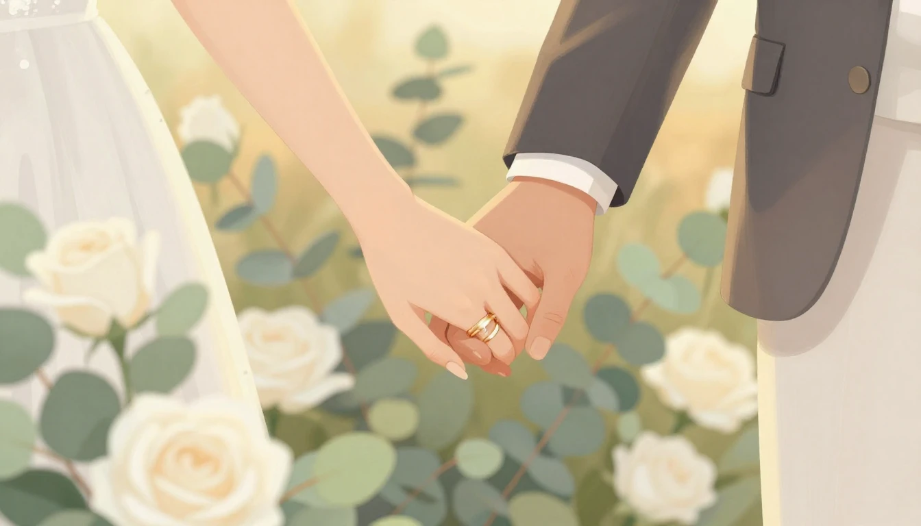 A romantic and dreamy illustration of a bride and groom hold...