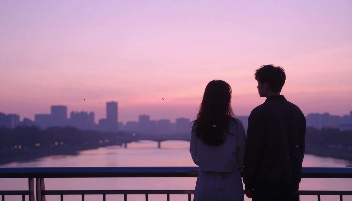 A dreamy and ethereal scene of two silhouettes standing on a...