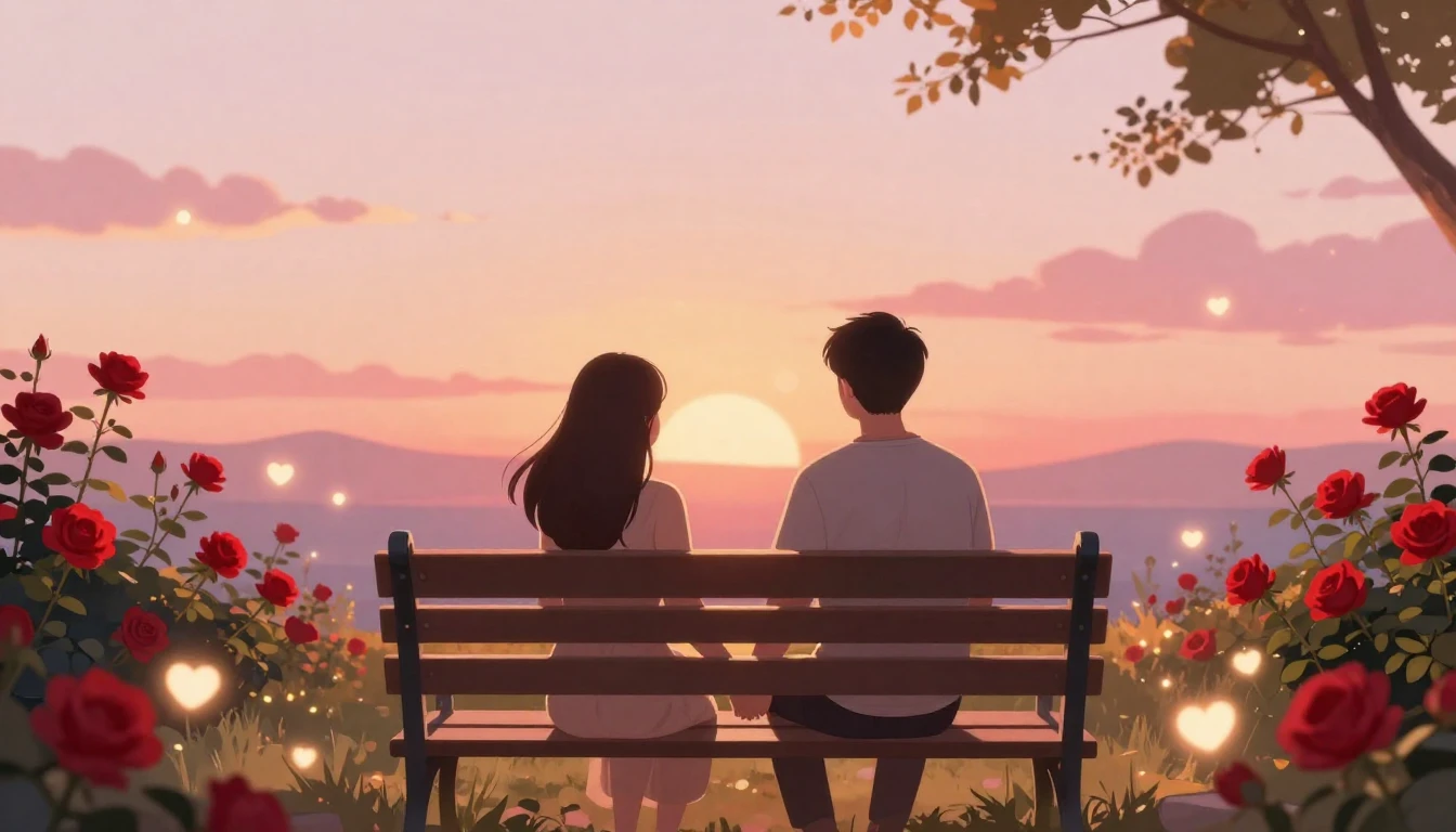 A romantic illustration of a couple sitting on a park bench ...