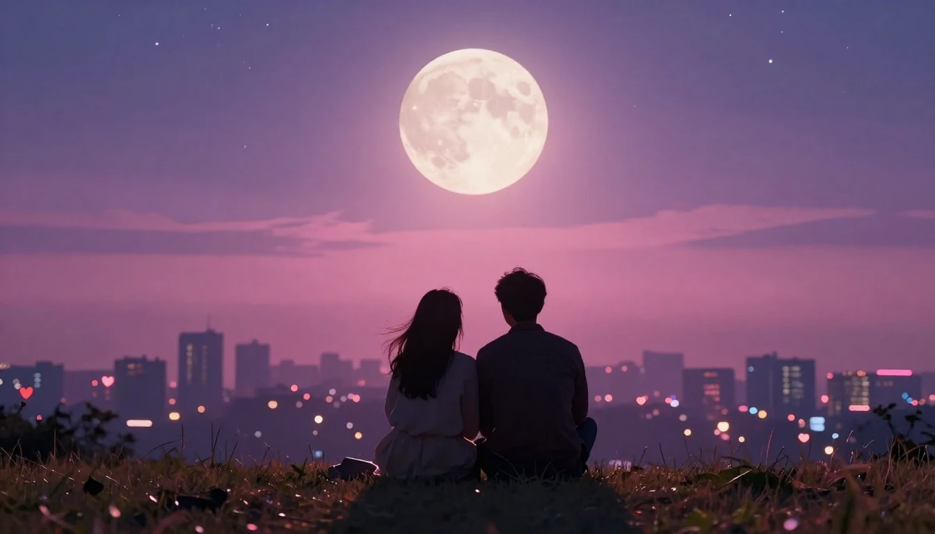 A romantic scene featuring a silhouette of a couple sitting ...