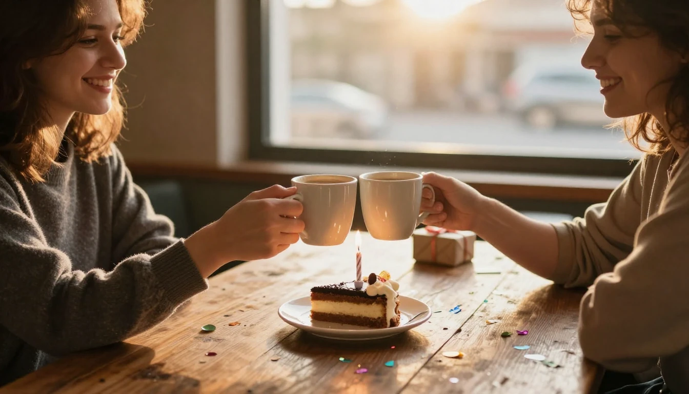 A warm and inviting scene showing two friends clinking coffe...