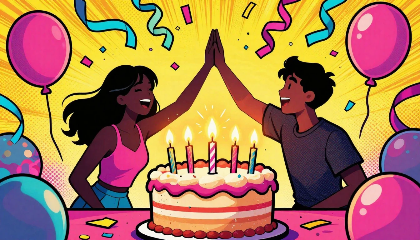 Vibrant artwork featuring a joyful birthday celebration. In ...