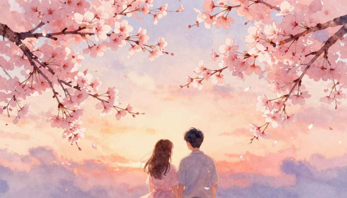 A beautiful watercolor painting of two delicate cherry bloss...